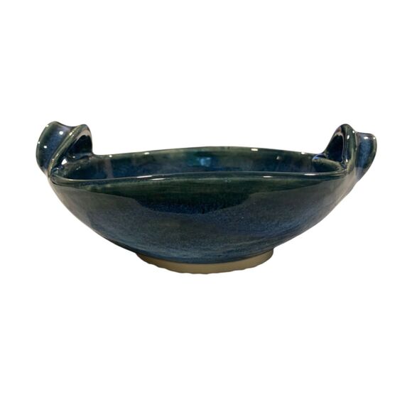 Hand Crafted Ceramic Bowl Blue Green Glaze with Handles Signed by Artist - Picture 2 of 11